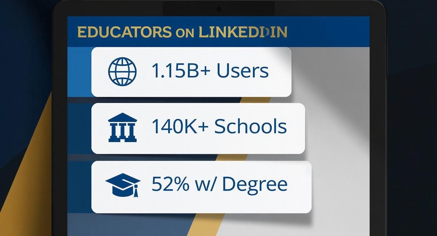 Infographic displaying key LinkedIn stats for educators, including 1.15B+ users, 140K+ schools, and 52% of users with a degree.