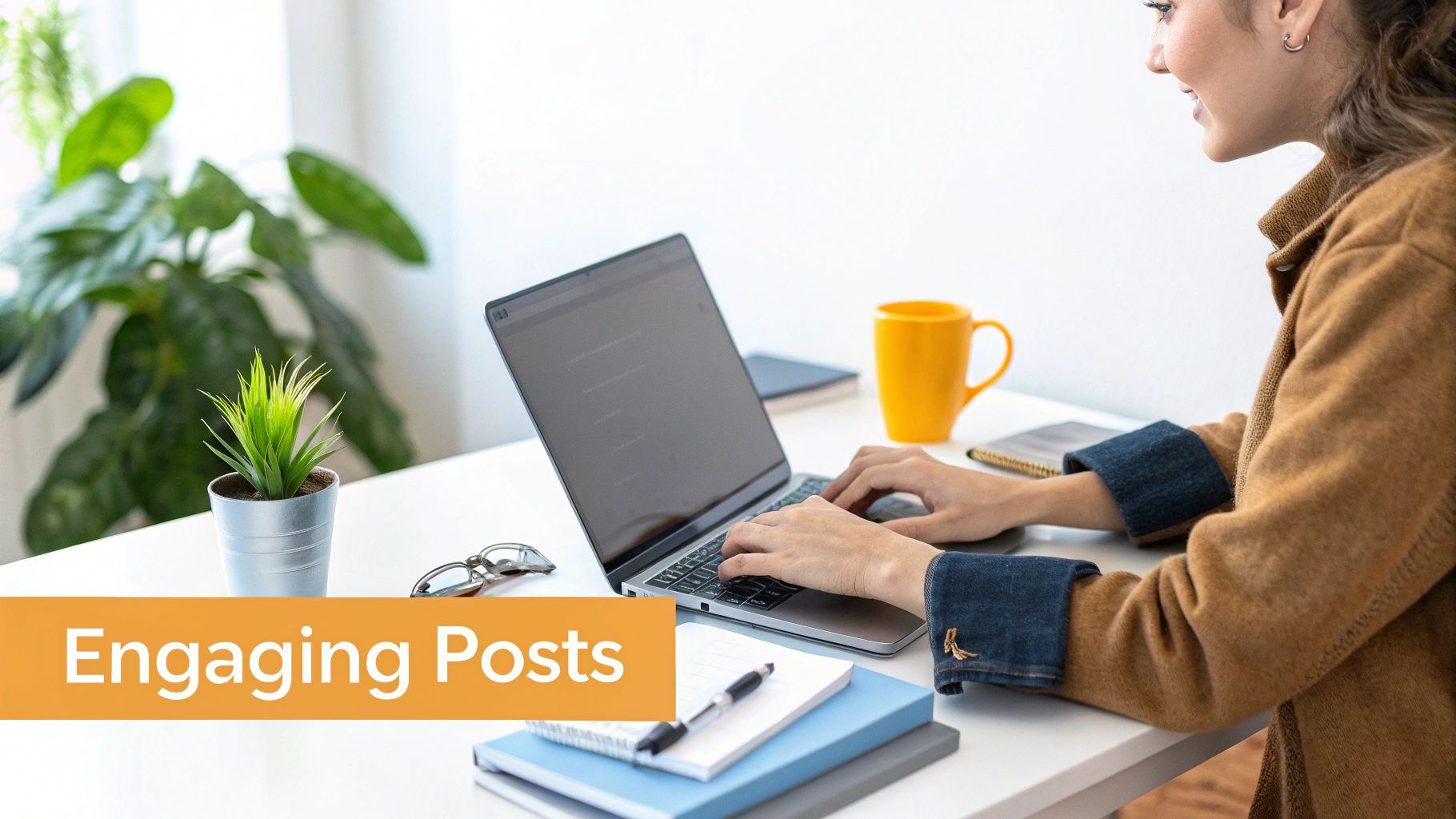 A person working on a laptop, with engaging social media post graphics and icons floating around them.