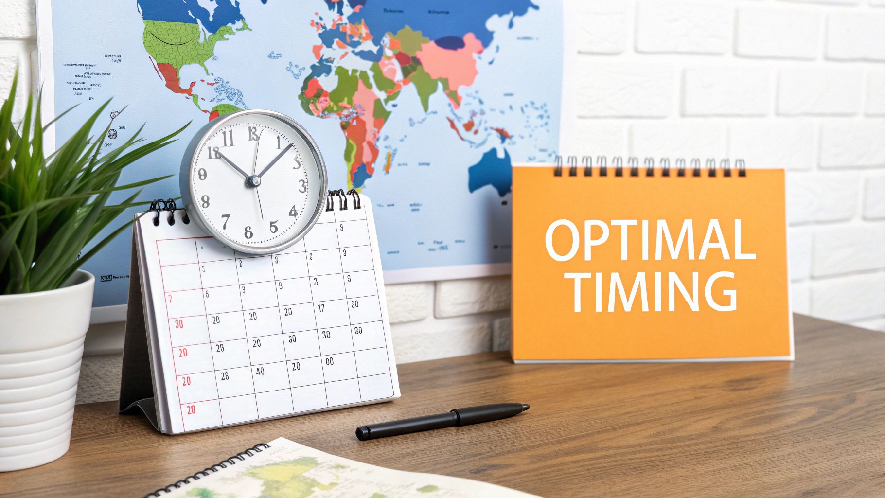 A desk with a clock on a calendar, 'Optimal Timing' notebook, a plant, and a world map.