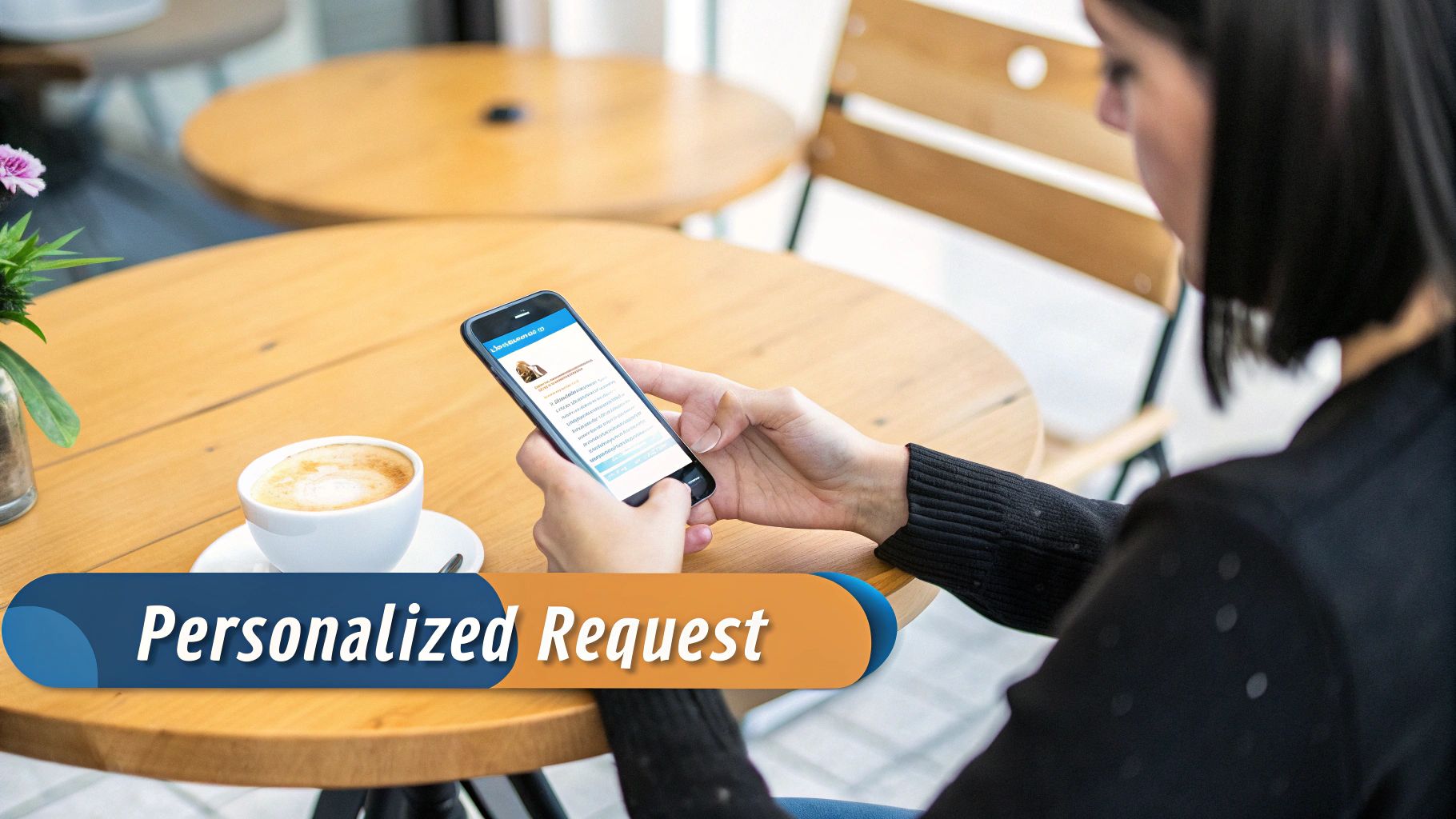 A person uses a smartphone displaying a 'Personalized Request' with a coffee cup on a wooden table.