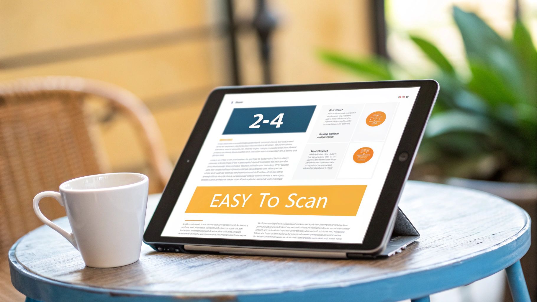 A tablet displaying a document with '2-4' and 'EASY To Scan' next to a white coffee mug on a blue table.