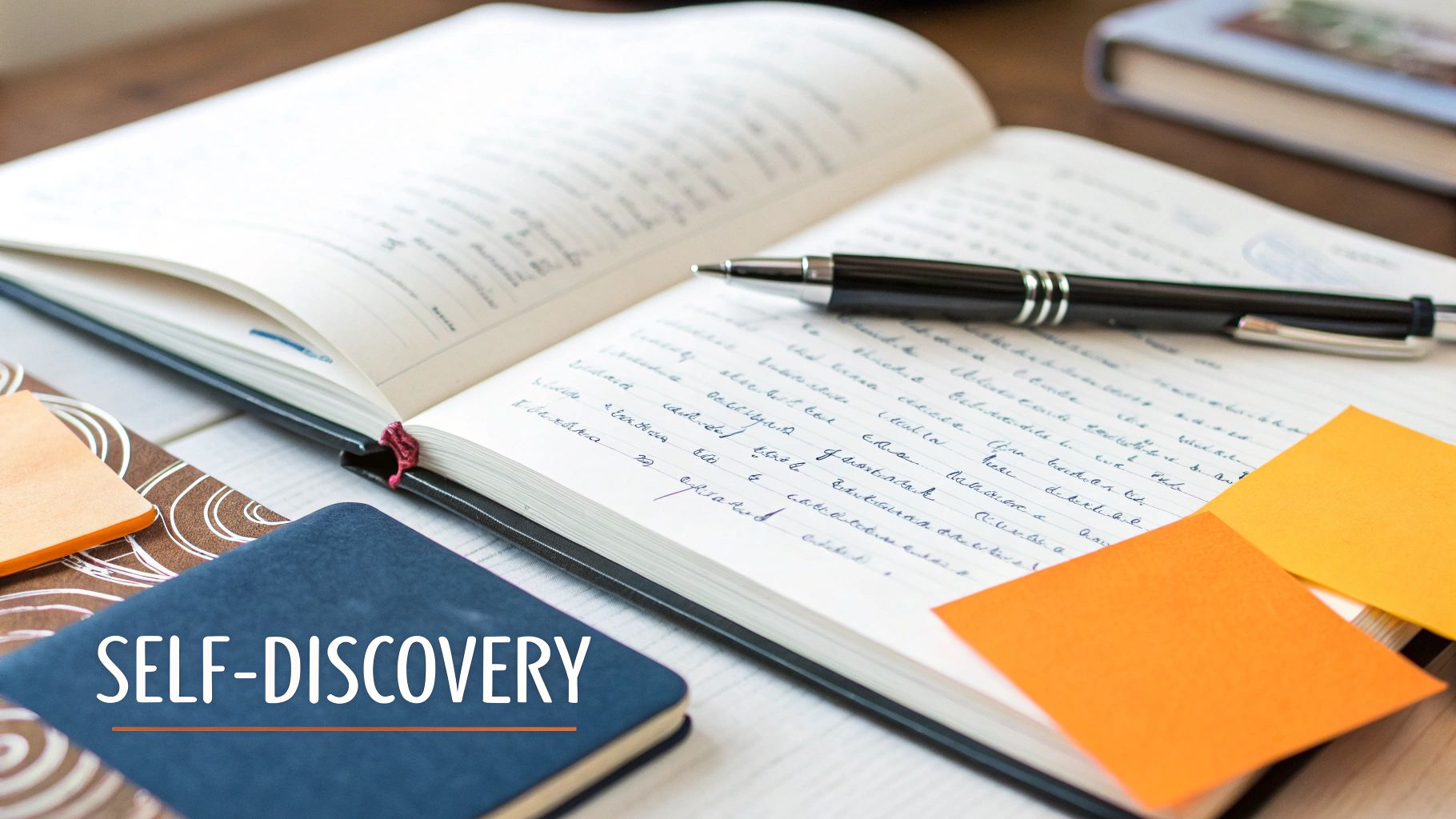 An open journal with handwritten notes, a pen, and sticky notes for self-discovery.
