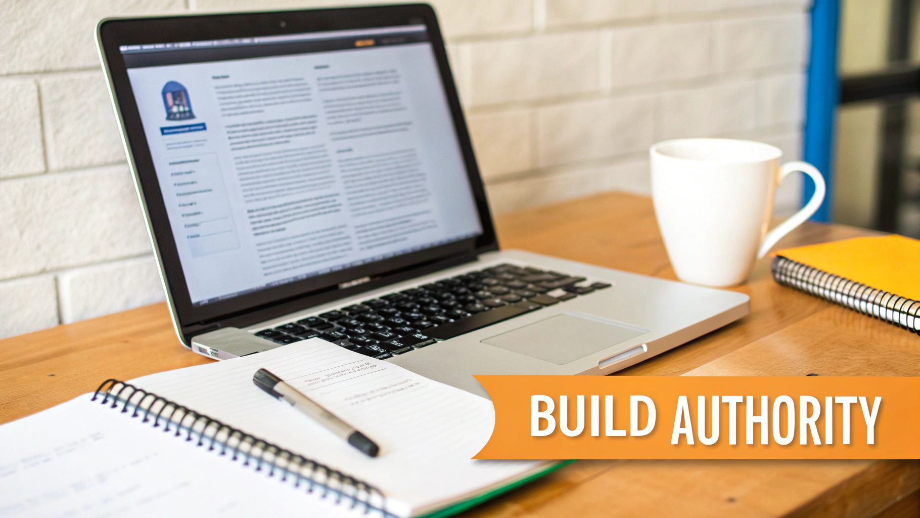 A laptop on a wooden desk showing an article, with a coffee mug, notebooks, and a pen, emphasizing building authority.