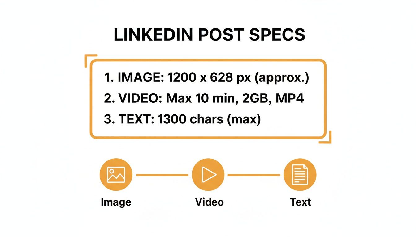 LinkedIn post specifications detailing recommended image, video, and text requirements for optimal use.