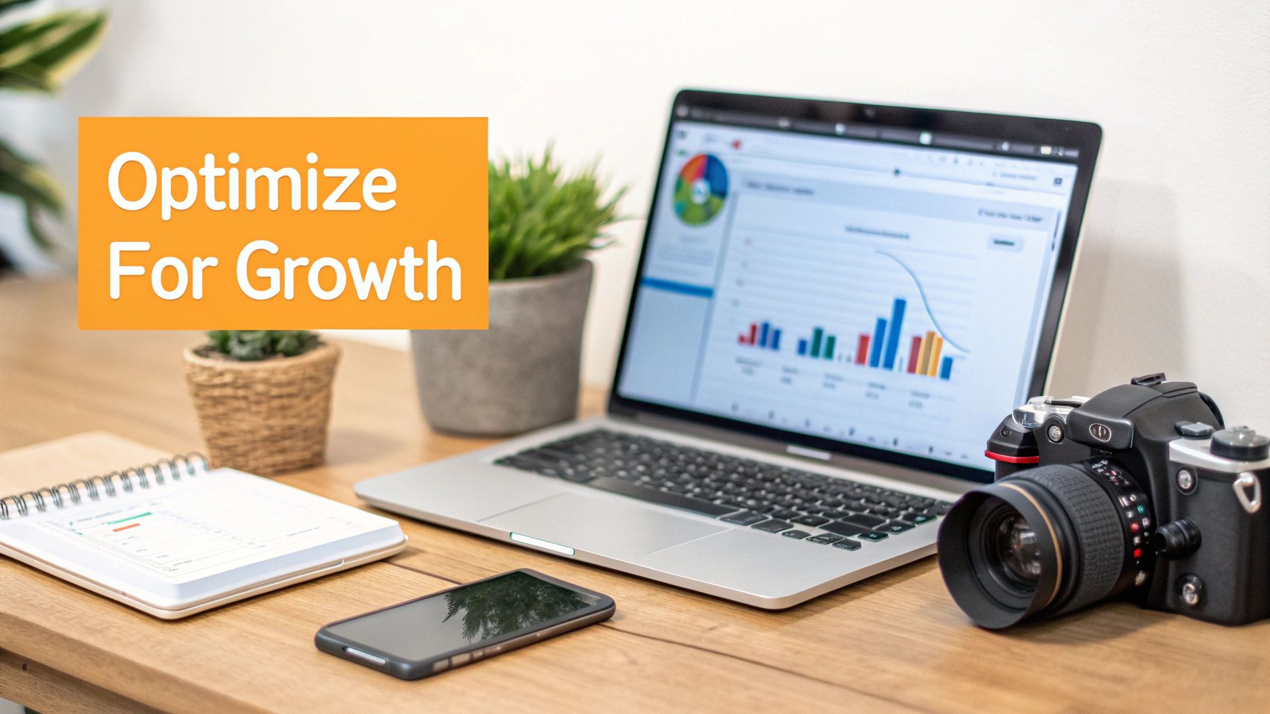 A desk with a laptop displaying growth charts, a camera, a smartphone, and plants, with text 'Optimize For Growth'.