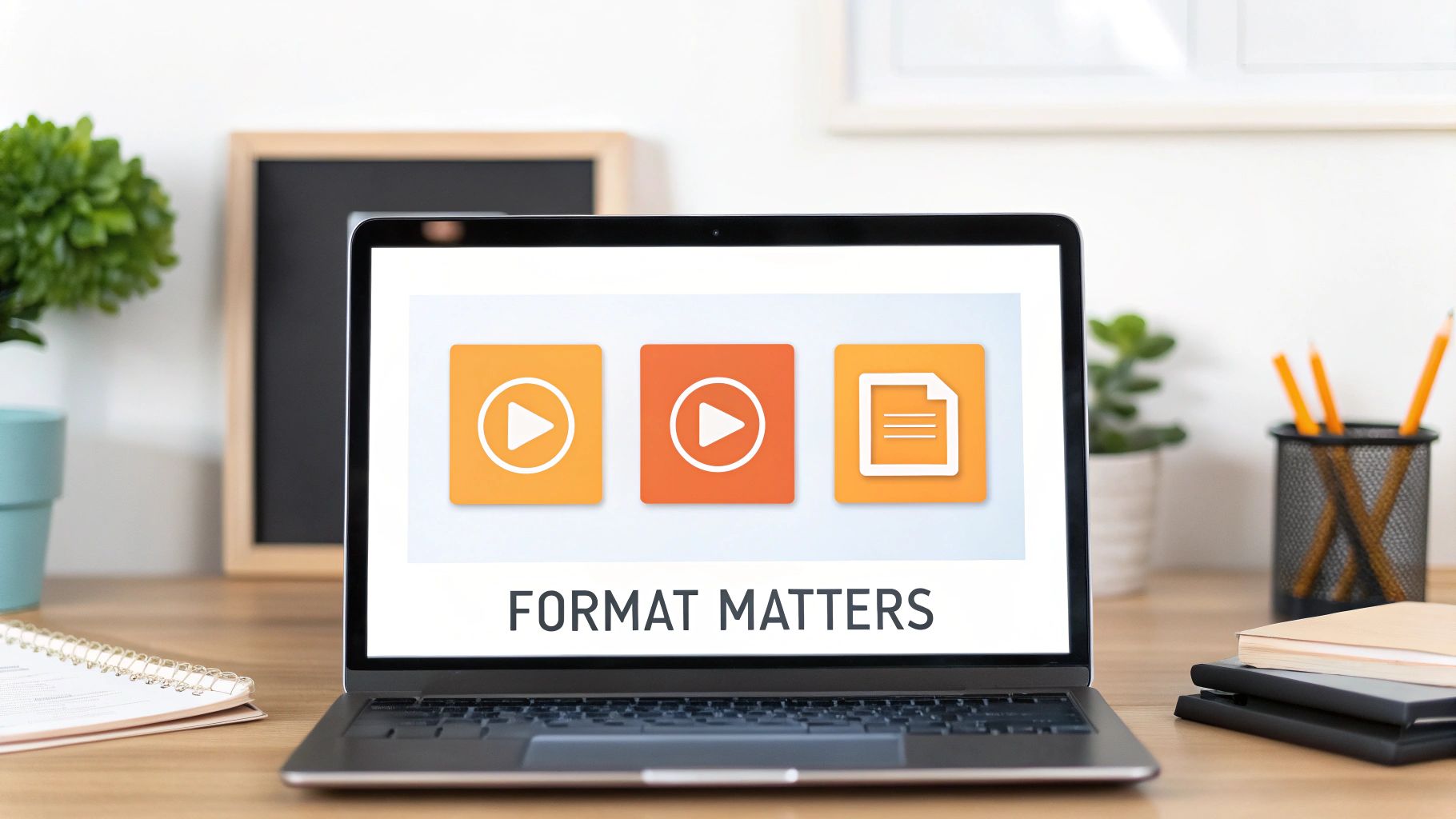 A laptop on a wooden desk displays 'FORMAT MATTERS' with video and document icons, surrounded by office supplies.
