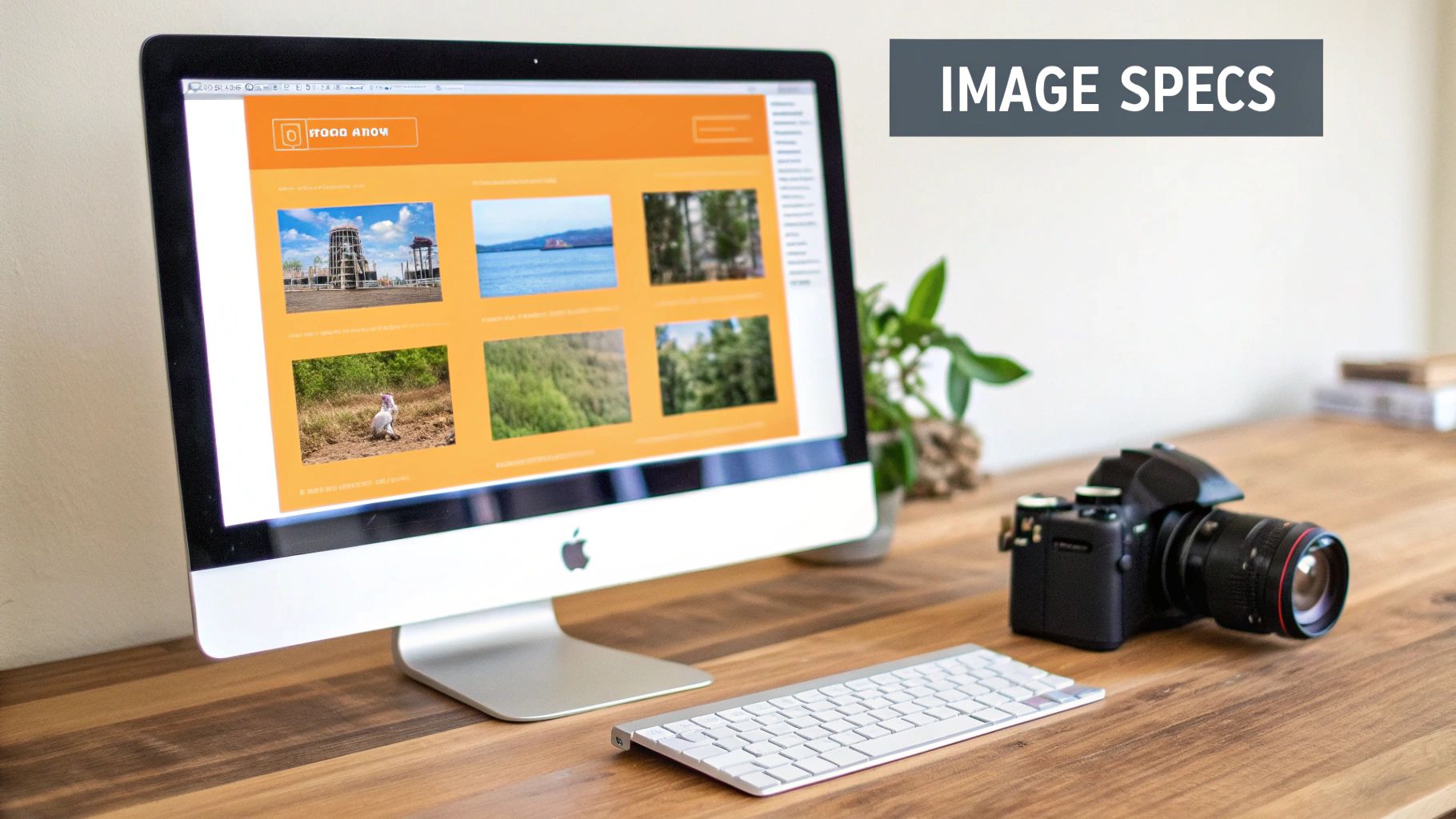 Modern workspace with an Apple iMac displaying a photo gallery, a keyboard, and a DSLR camera.