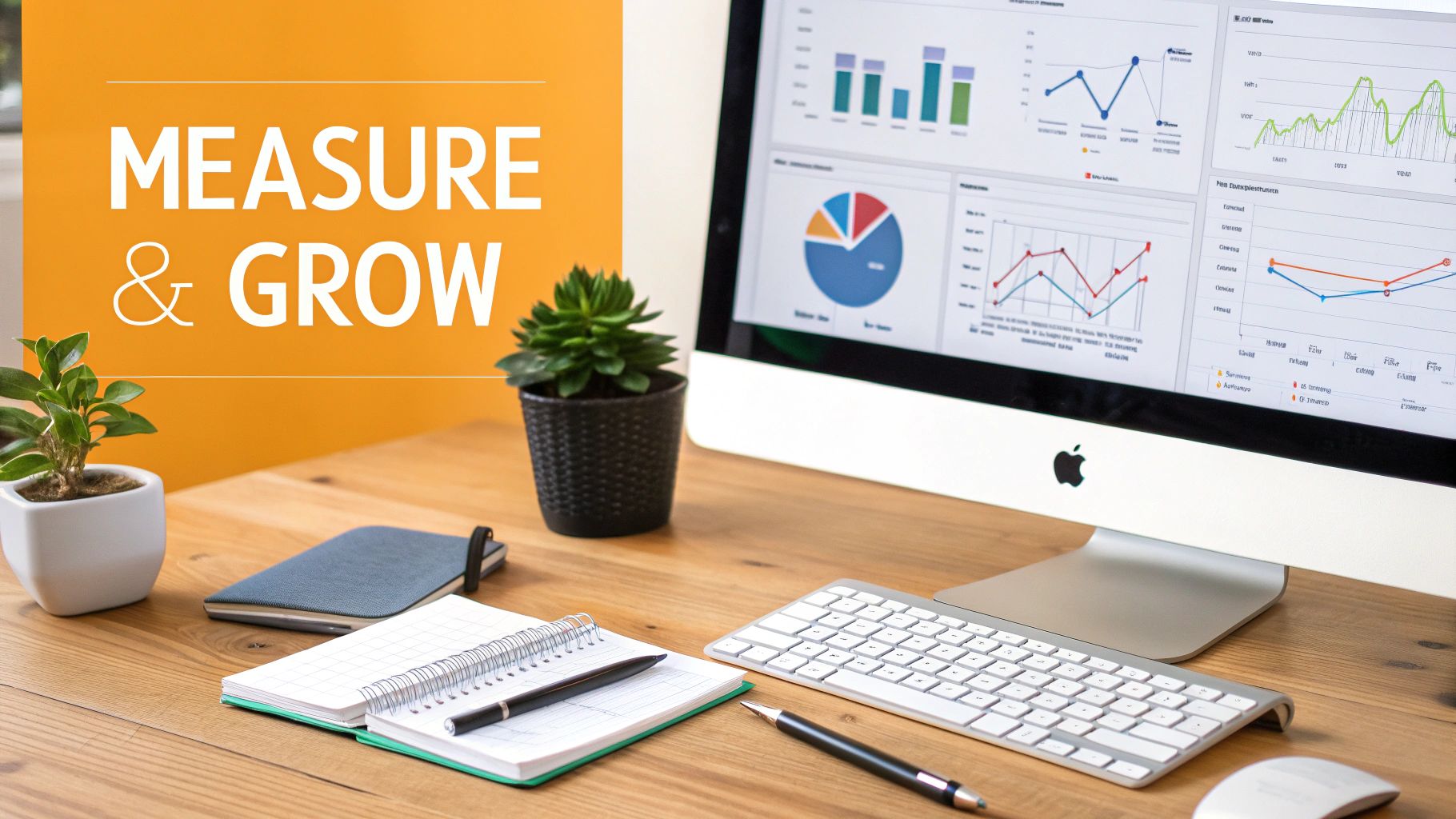 A desk with a computer displaying business analytics and charts, alongside notebooks, pens, and plants, with 'MEASURE & GROW' text.