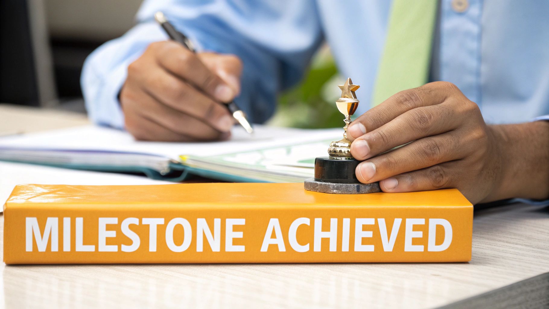 A person's hands at an office desk with a golden trophy and a 'Milestone Achieved' box, celebrating success.