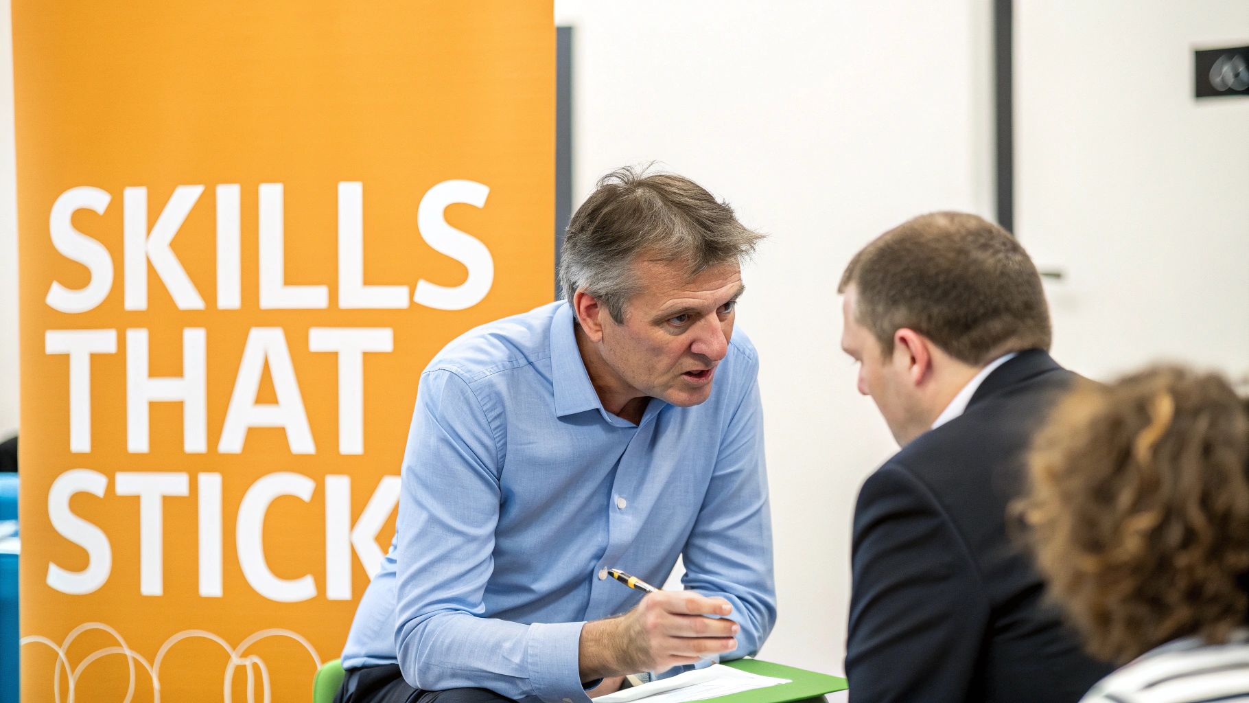 A man in a blue shirt intensely coaches another man during a 'Skills That Stick' training.