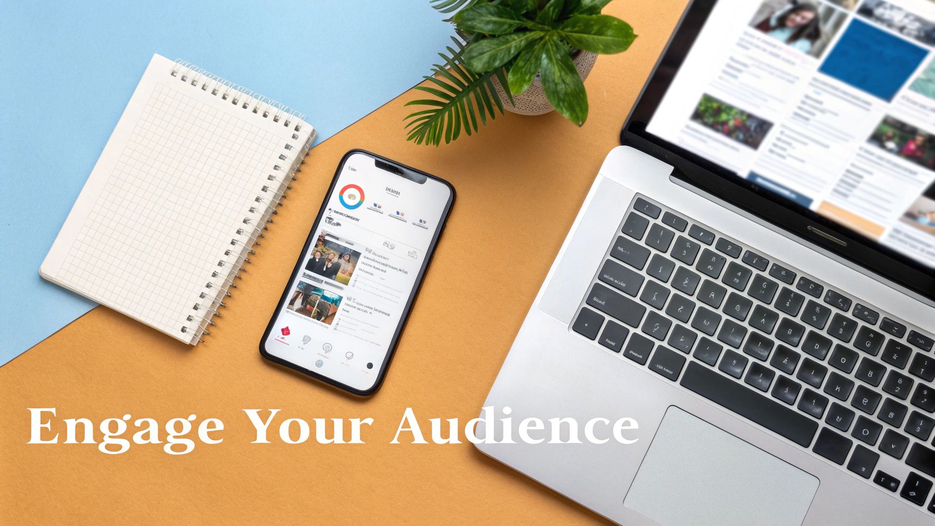 Digital workspace flat lay with smartphone, laptop, and notebook on a two-tone desk, promoting audience engagement.