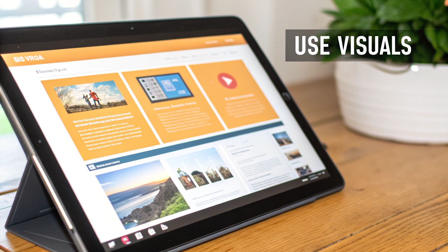 A tablet displaying a colorful website with various images and text, featuring a 'USE VISUALS' overlay.