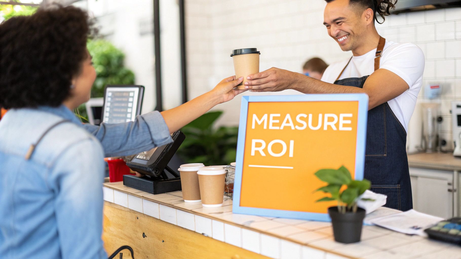 A smiling barista hands a coffee cup to a customer in a cafe with a 'MEASURE ROI' sign.