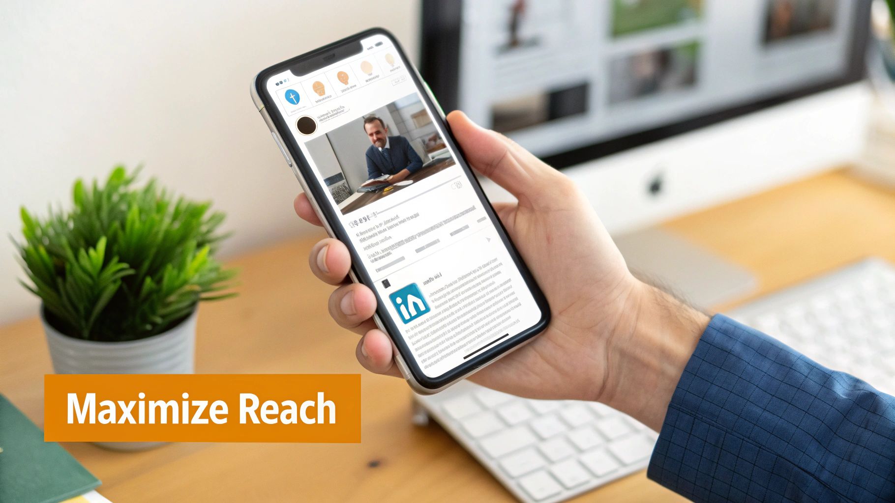 A hand holds a smartphone displaying a LinkedIn feed with a professional man in a carousel post.