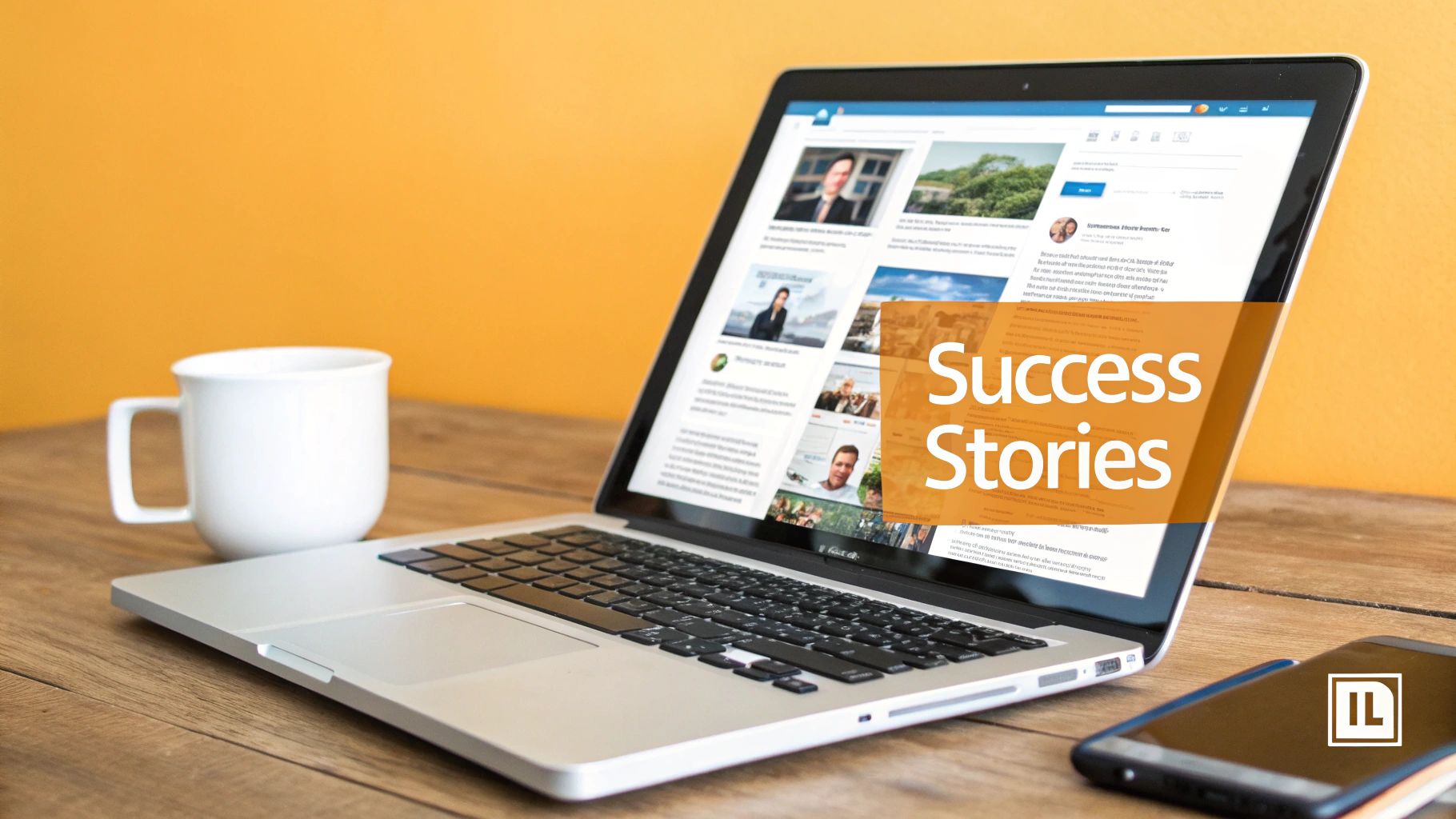 A digital workspace featuring a laptop displaying 'Success Stories,' a coffee mug, and a smartphone.