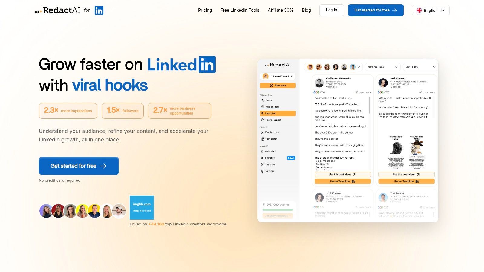 An AI-powered dashboard showing content creation tools specifically for LinkedIn marketing.