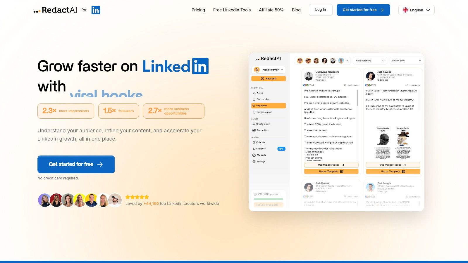 RedactAI LinkedIn dashboard showing content creation interface