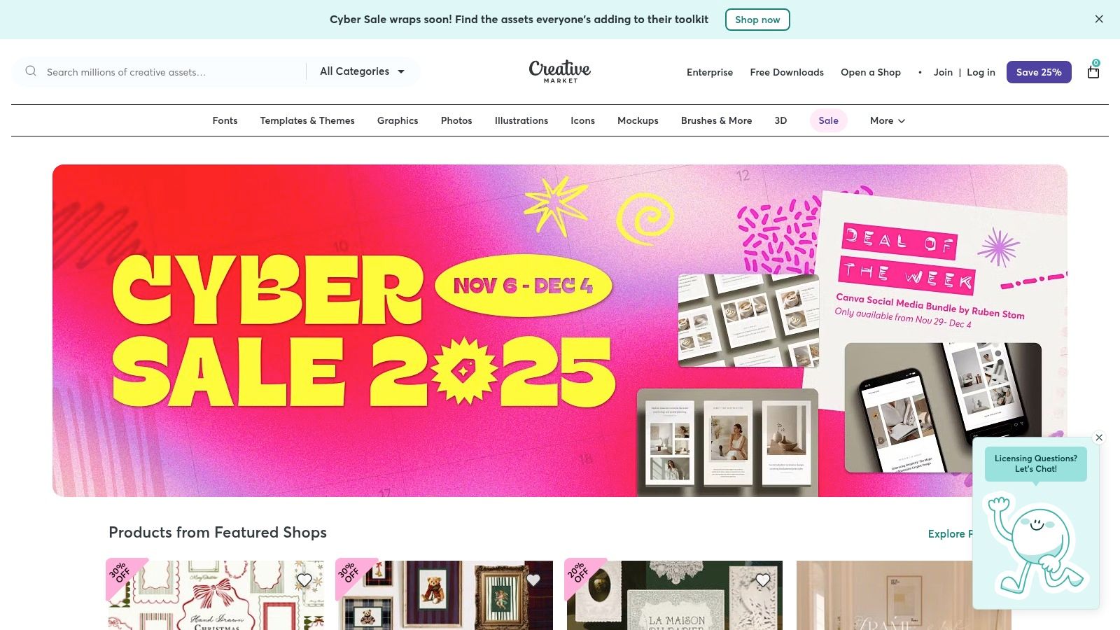 Creative Market's homepage showcasing its vast collection of design templates.