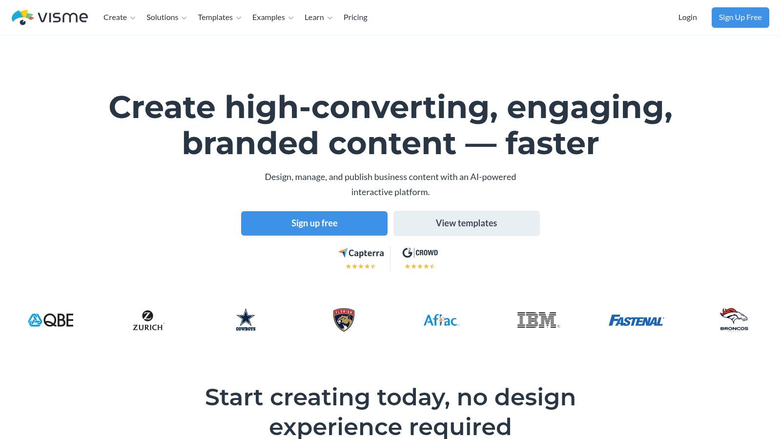 Visme's homepage showcasing its design tools for creating presentations, infographics, and social media graphics.