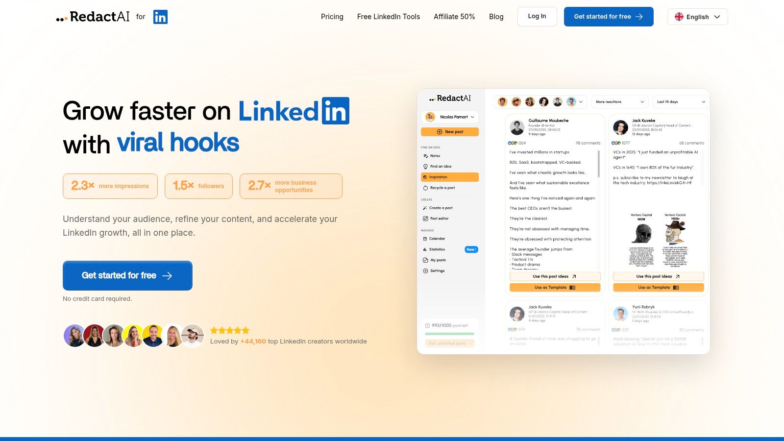 RedactAI LinkedIn dashboard showing content creation and scheduling features