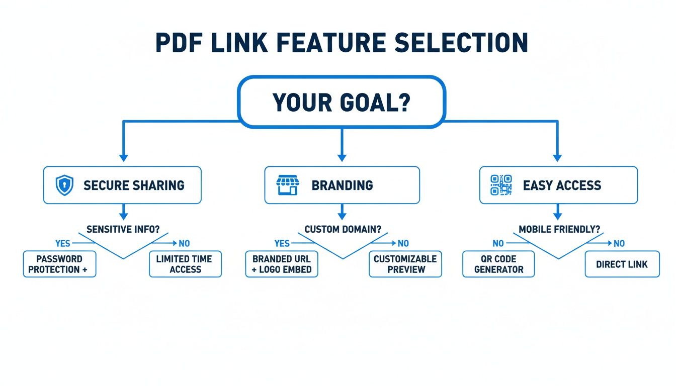 Flowchart illustrating PDF link feature selection based on user goals for secure sharing, branding, and easy access.