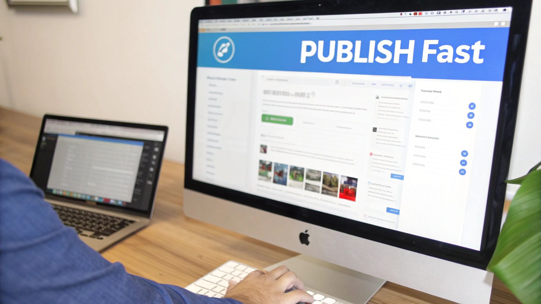 A person works on an Apple iMac displaying a 'PUBLISH Fast' web application and a laptop.