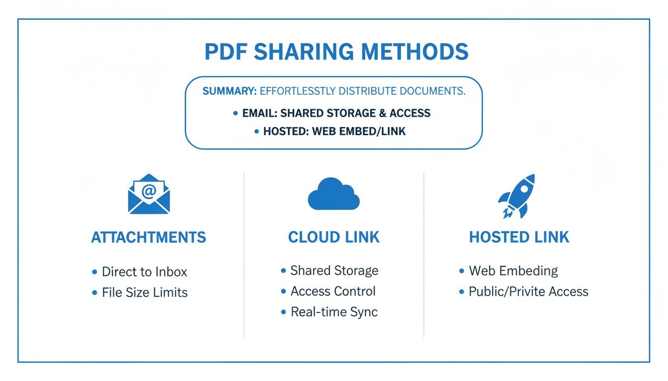 Visual guide illustrating PDF sharing methods: Attachments, Cloud Link, and Hosted Link, detailing their key features.