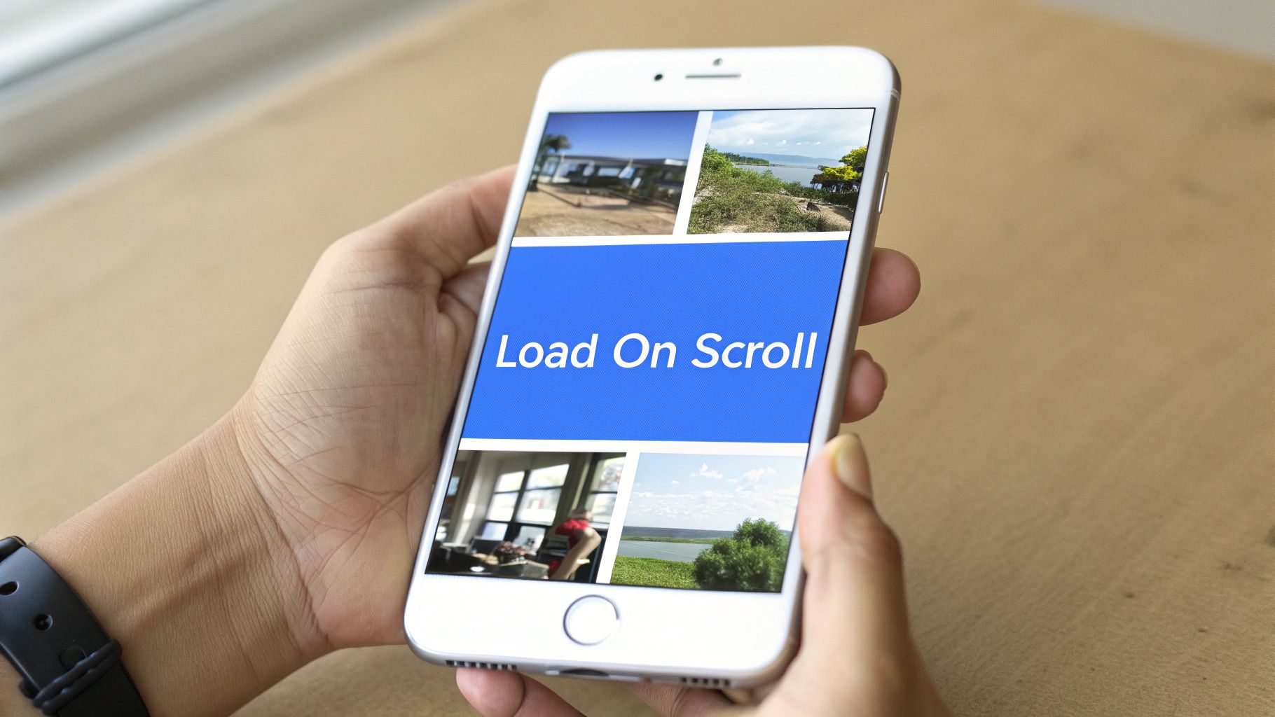 A person holds a white smartphone displaying a web page with 'Load On Scroll' text and image thumbnails.