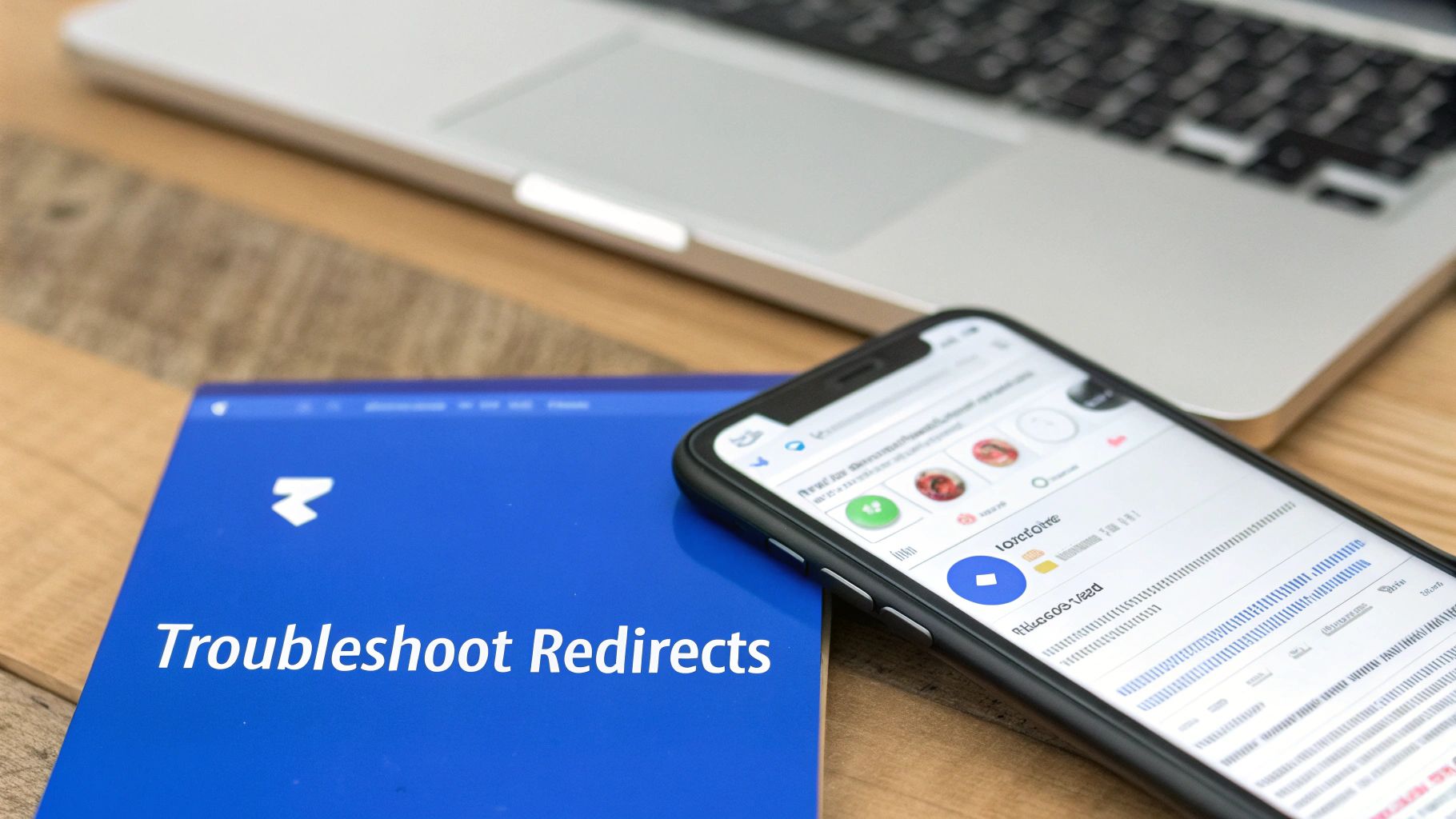 A blue binder with 'Troubleshoot Redirects' on a desk, next to a smartphone and laptop.