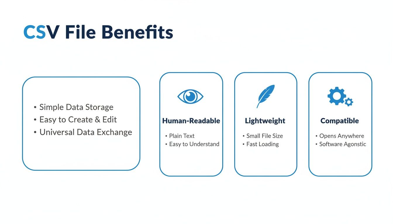 A slide outlining the key benefits of CSV files, including simple data storage, human-readability, lightweight nature, and broad compatibility.