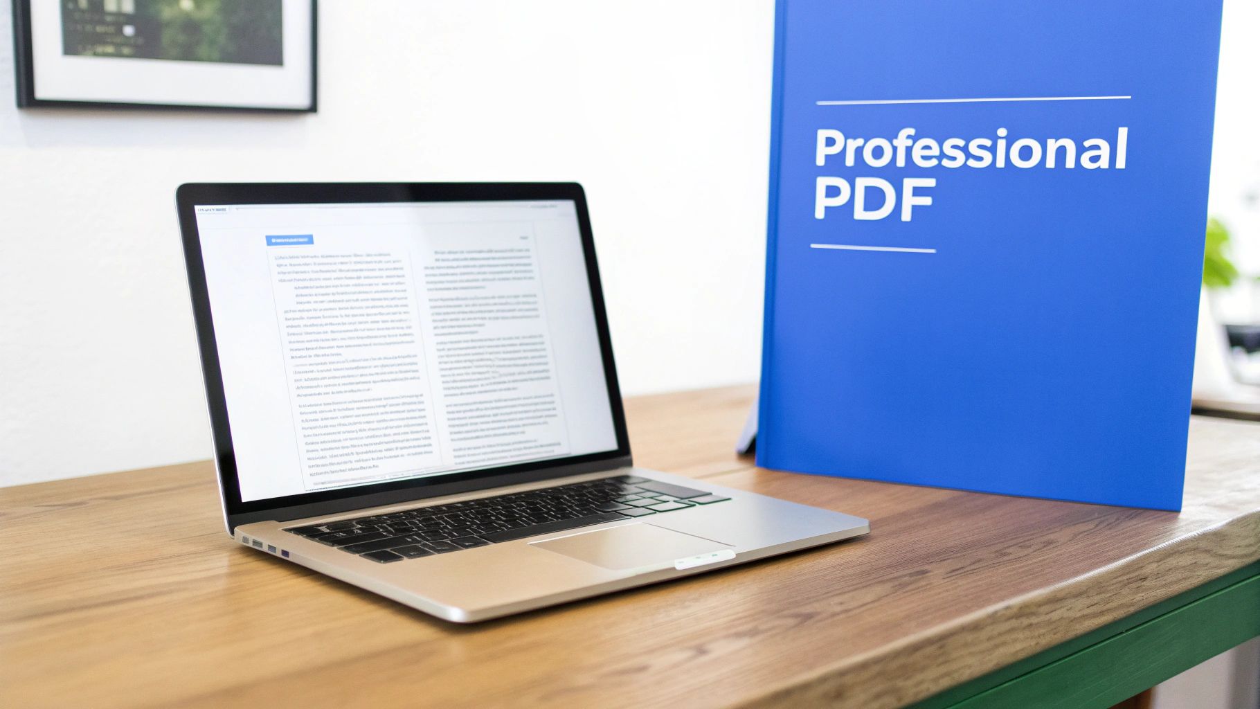 A laptop with text content on its screen is on a wooden desk next to a blue binder titled 'Professional PDF'.