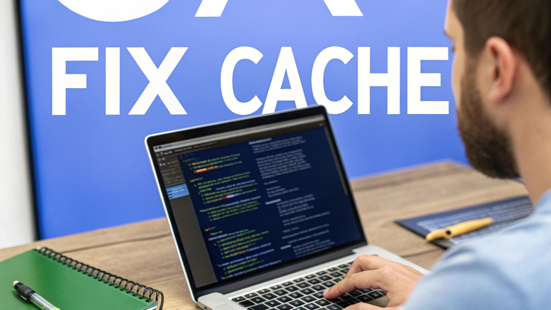 Developer typing on a laptop, fixing code issues with 'FIX CACHE' visible on a blue background.