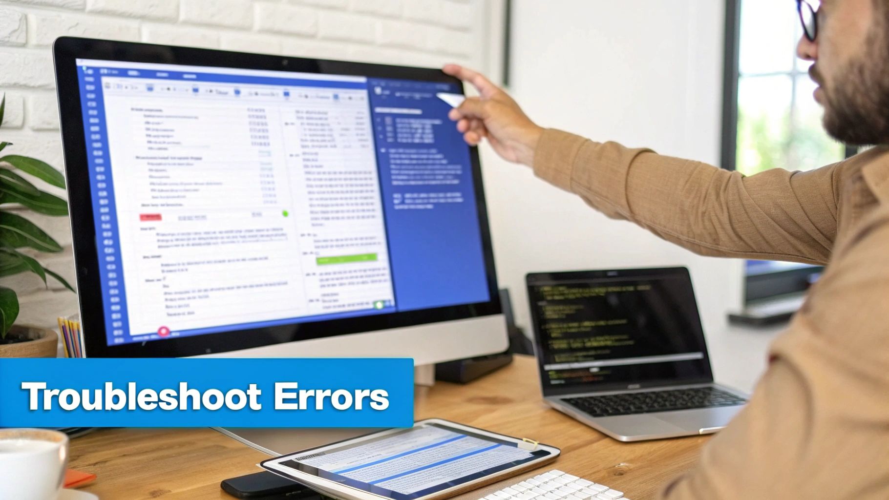 A person points at a computer monitor displaying application errors, with a laptop, tablet, and coffee.