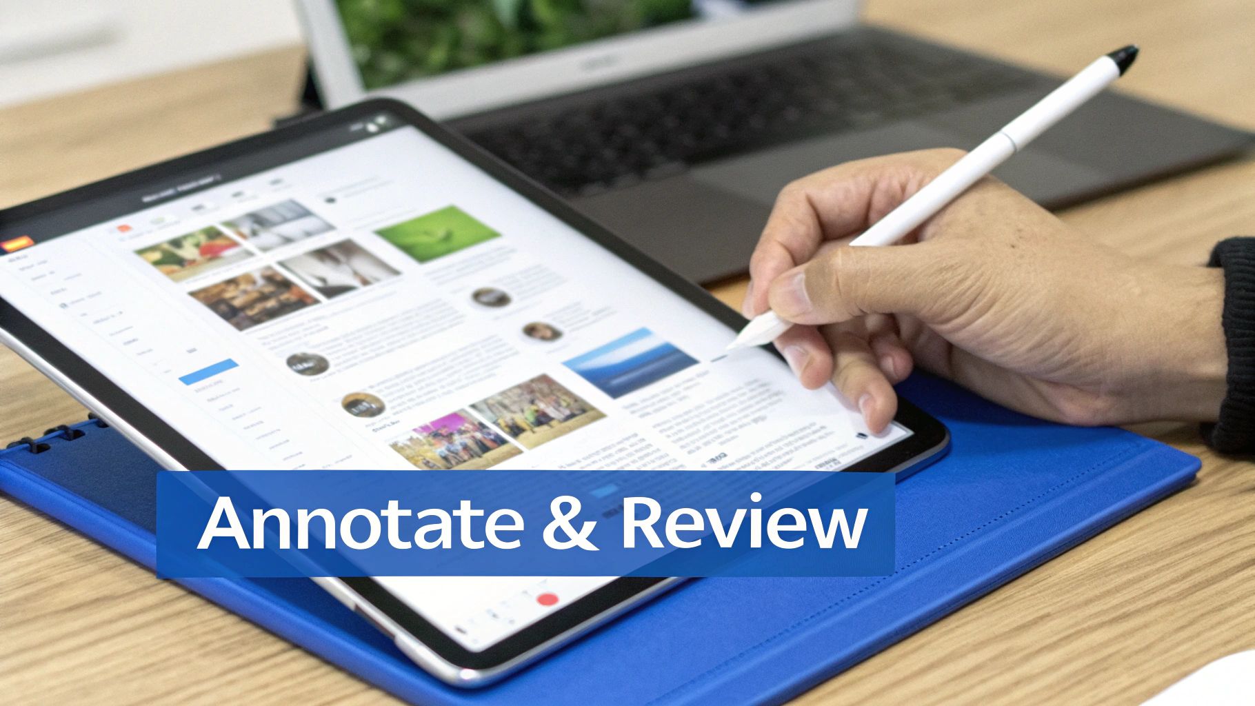 A person's hand uses a stylus to annotate content on a tablet screen, with a laptop in the background.