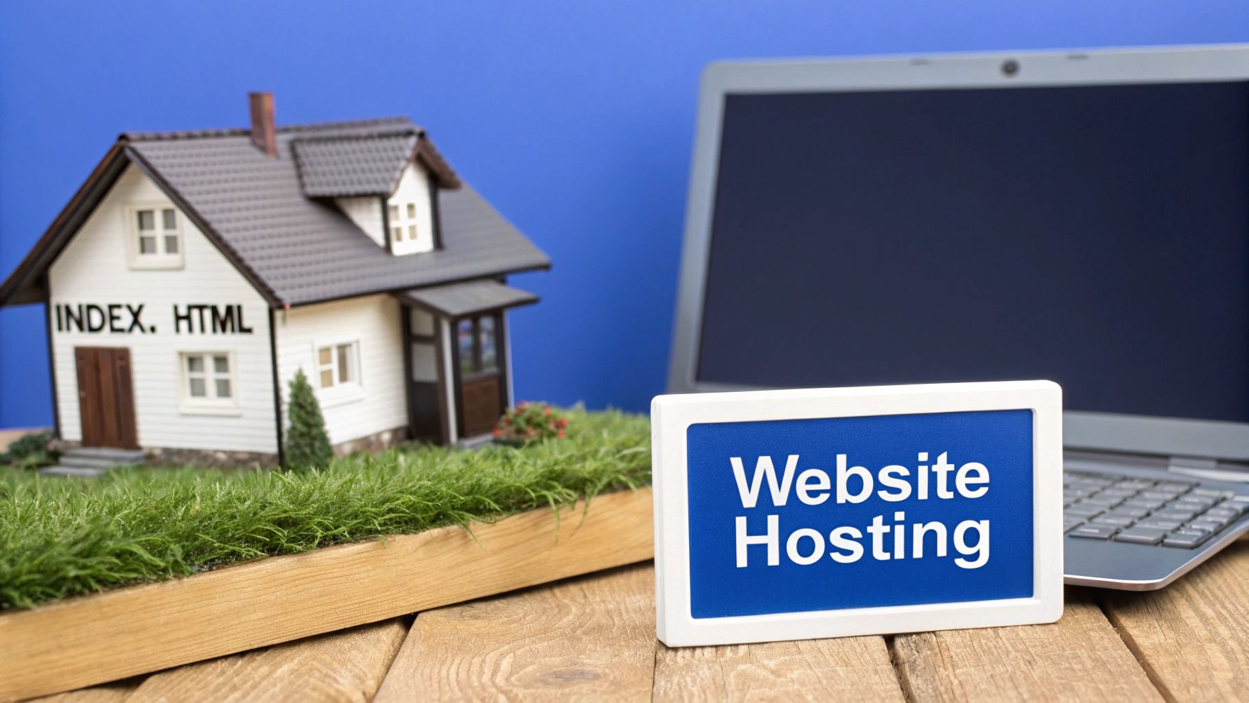 Miniature house labeled 'INDEX. HTML' next to a 'Website Hosting' sign and a laptop.
