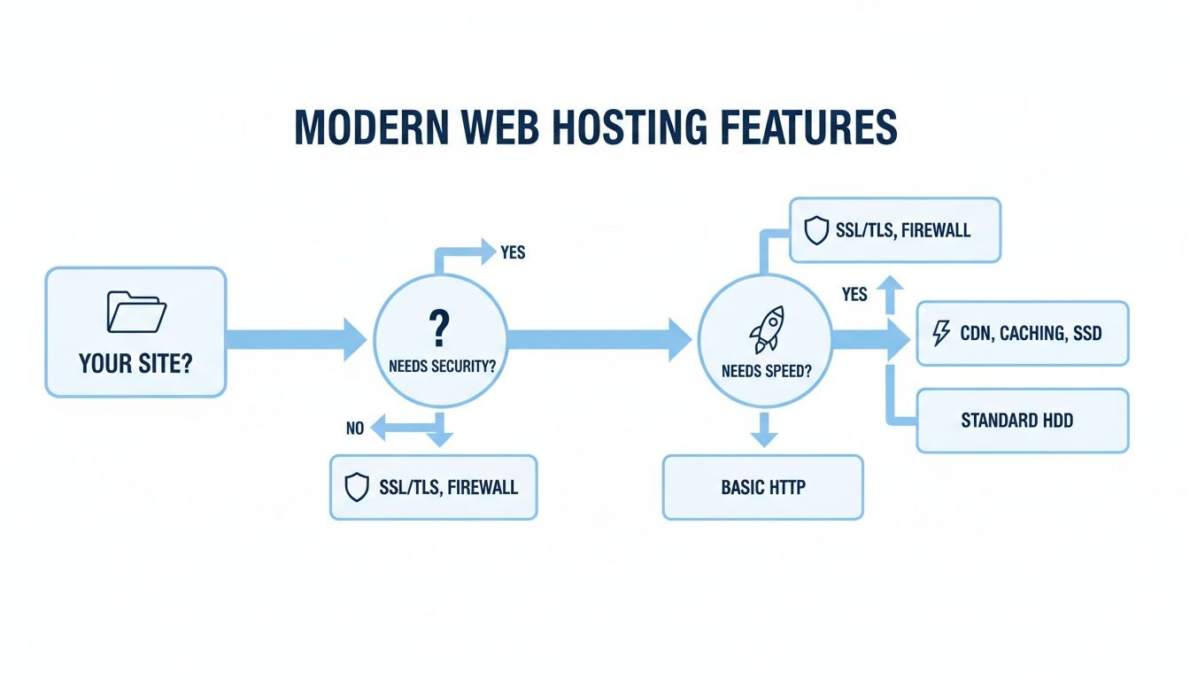 Flowchart showing modern web hosting features based on security and speed decisions, including SSL/TLS, Firewall, CDN, and SSD.
