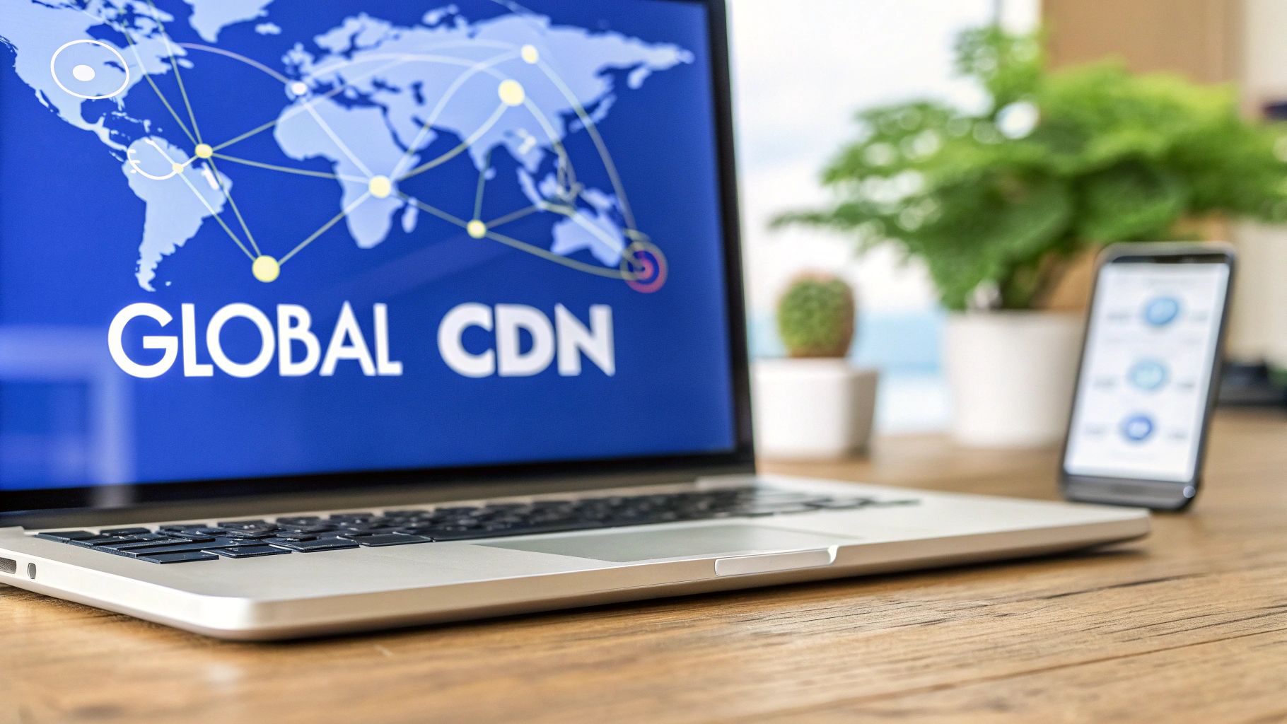 Laptop displaying 'GLOBAL CDN' on screen with a world map network, smartphone, and plants.