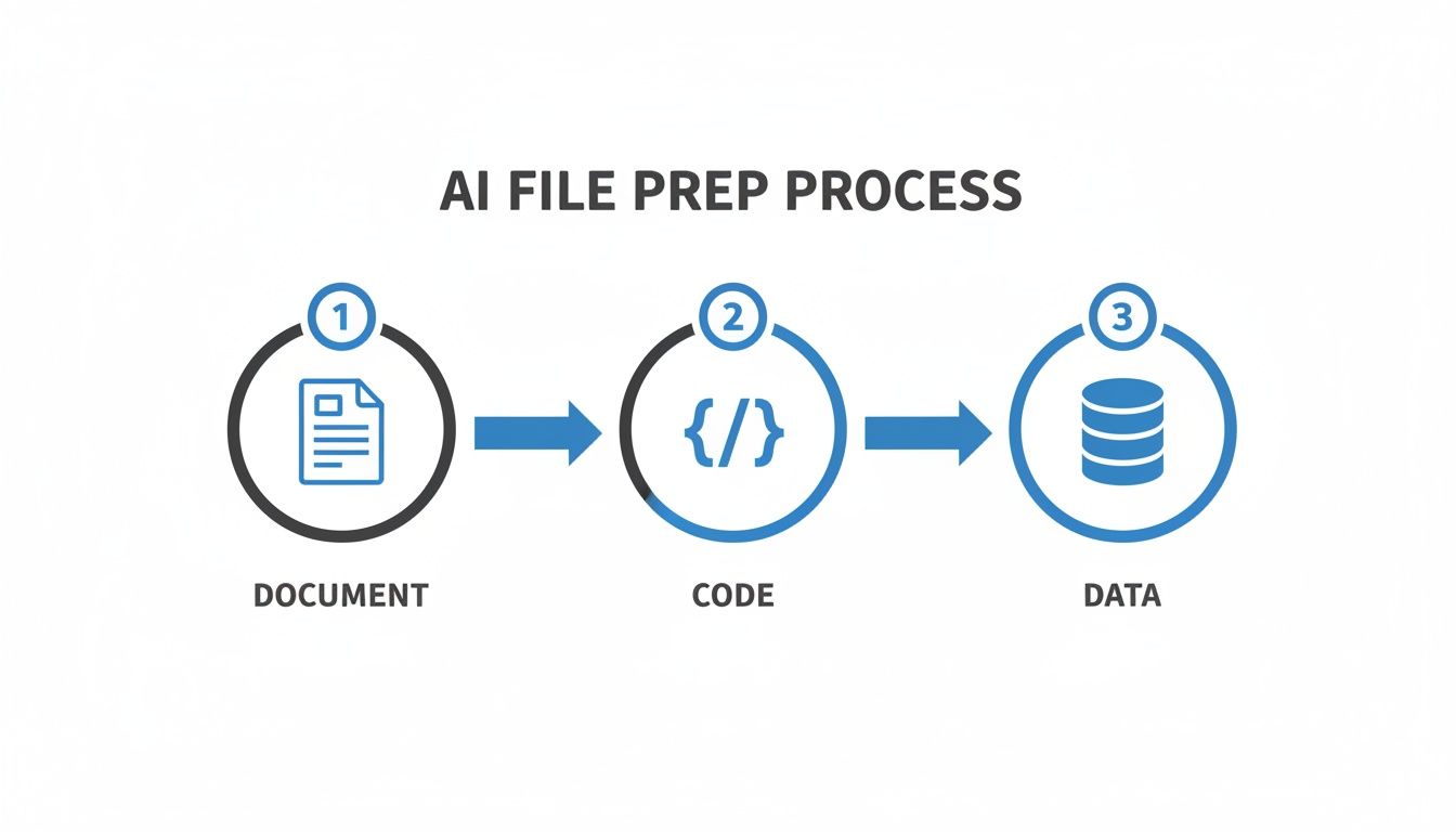 Diagram illustrating the AI file preparation process, flowing from document, to code, then to data.