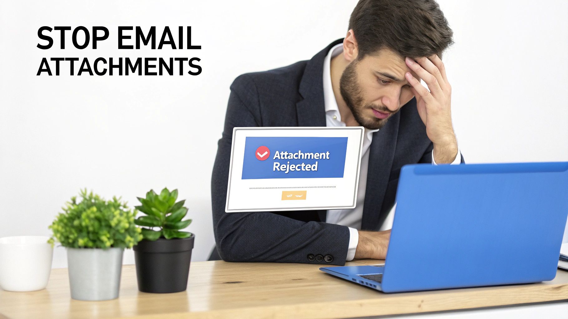 A distressed man looks at a laptop showing an 'Attachment Rejected' message, with text 'STOP EMAIL ATTACHMENTS'.