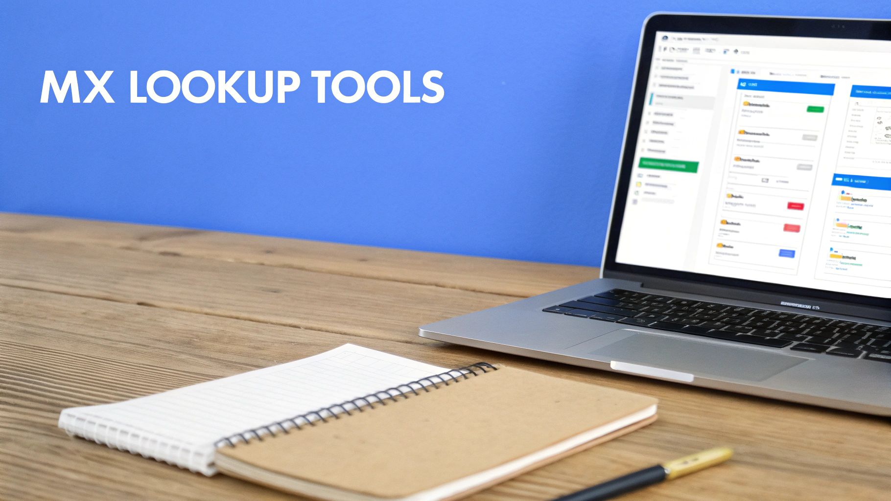 A laptop on a wooden desk displaying a dashboard, with 'MX LOOKUP TOOLS' text on a blue background.