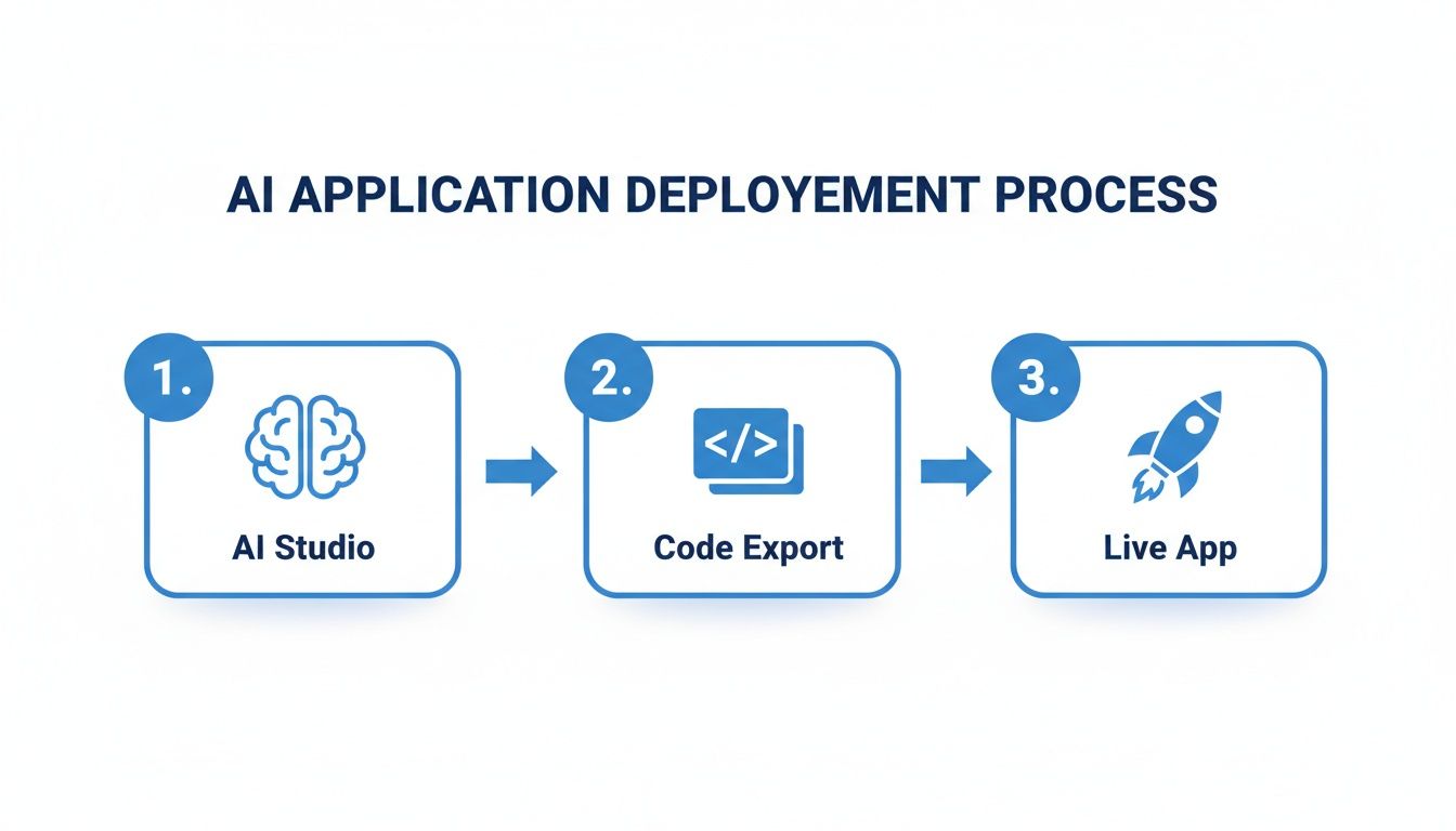 A flowchart illustrating the AI application deployment process from AI Studio to code export and live application.