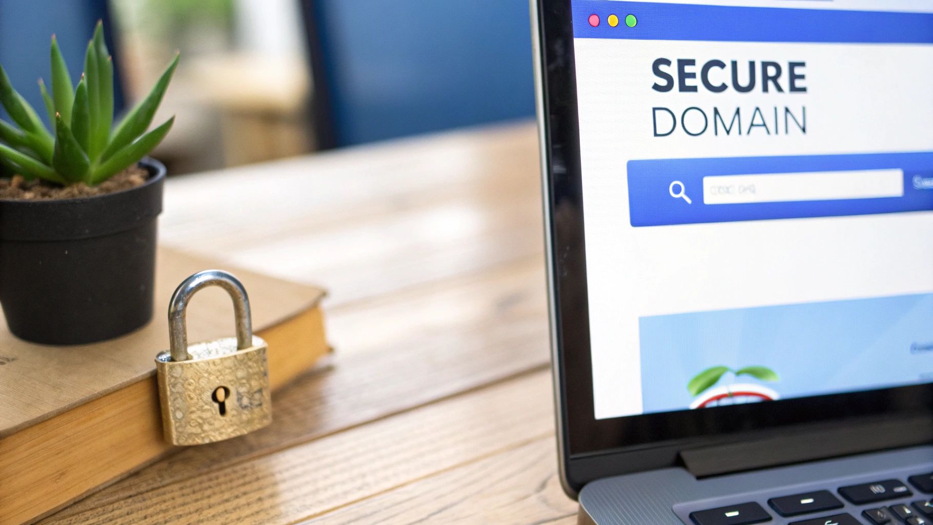 A laptop displaying a 'SECURE DOMAIN' website, with a padlock, book, and plant.
