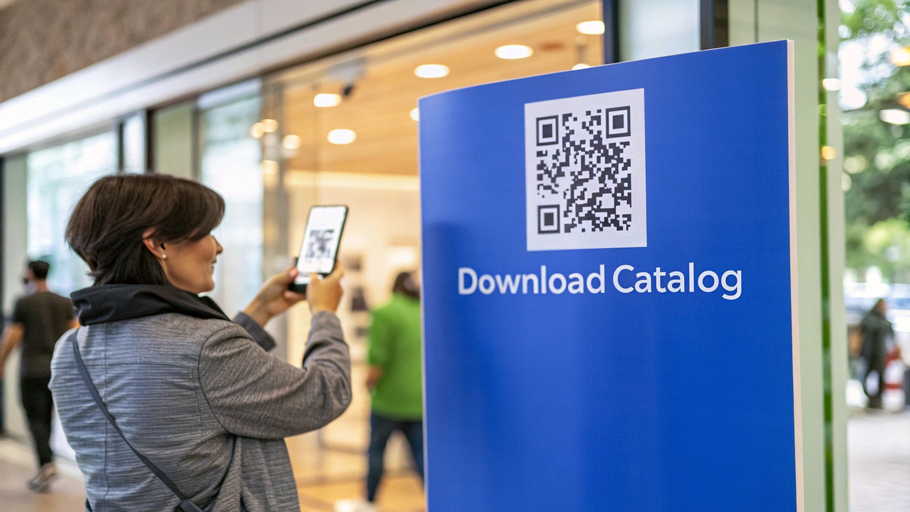 A woman scans a blue sign's QR code with her phone, which reads