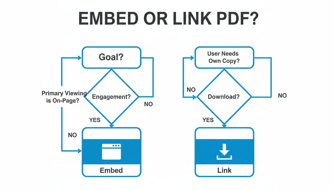 Flowchart guiding the decision to embed or link a PDF based on user goals and viewing preferences.