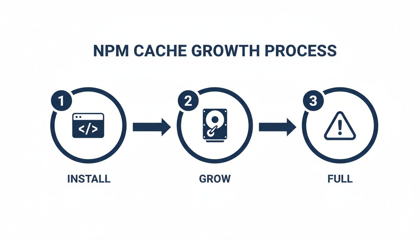 An infographic illustrating the NPM cache growth process with three steps: install, grow, and full.