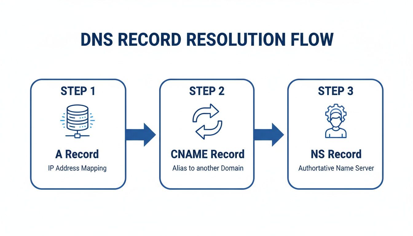 DNS record resolution flow diagram illustrating A, CNAME, and NS record types and functions.