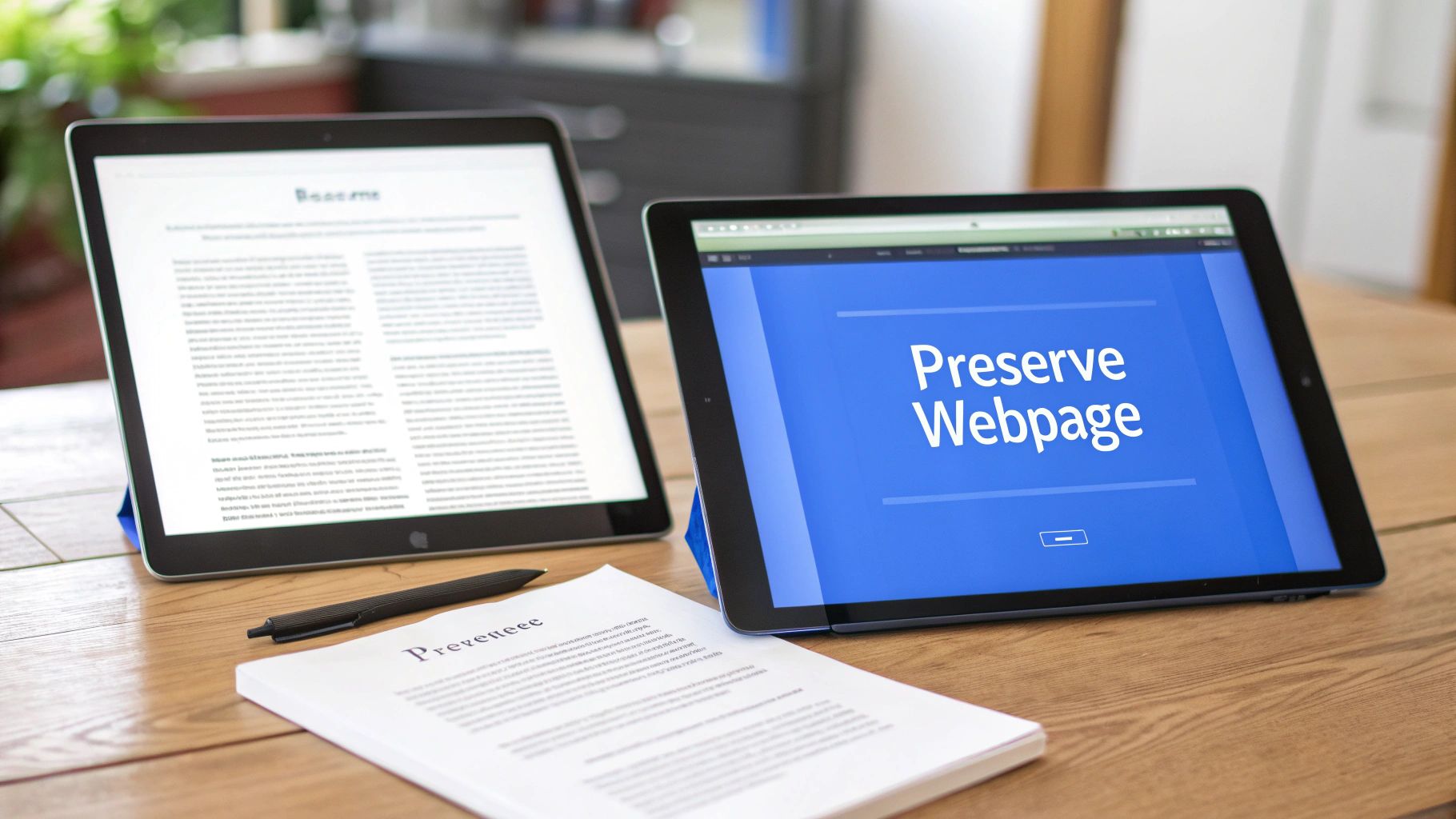 Two tablets on a wooden desk, one displaying 'Preserve Webpage', the other a document, with a pen.