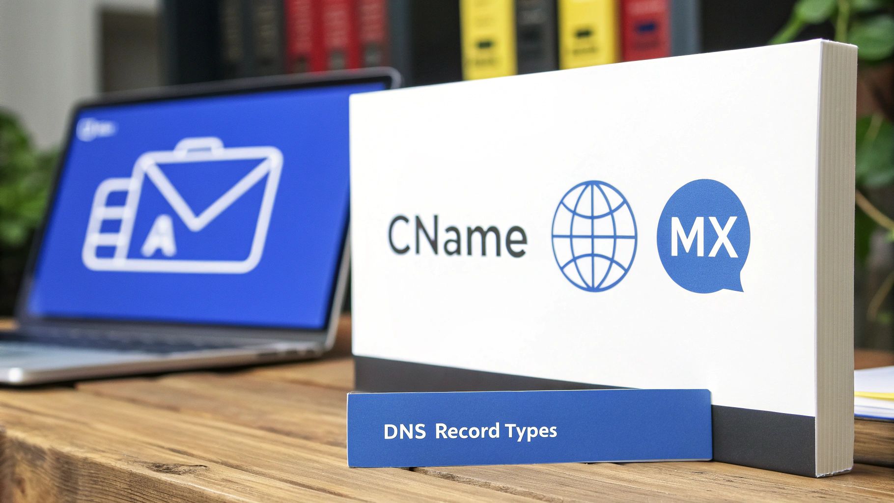 A laptop and a display board illustrating different DNS record types like A, CNAME, and MX.