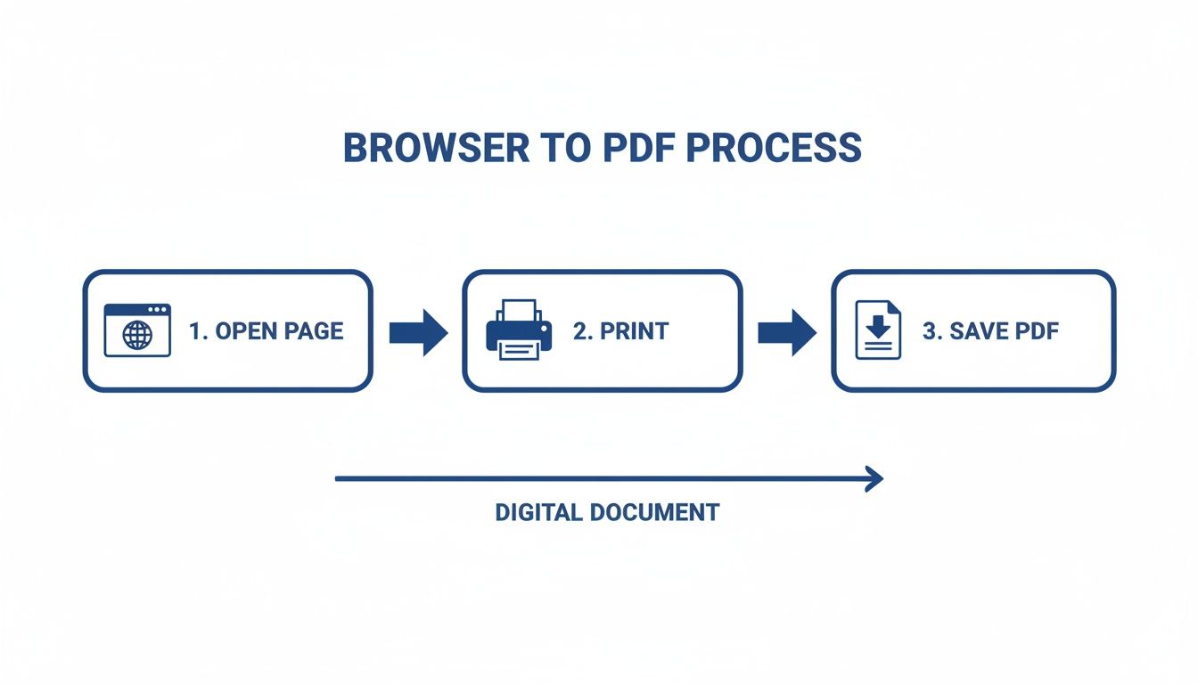 A diagram illustrating the three-step process to convert a browser page into a PDF document.