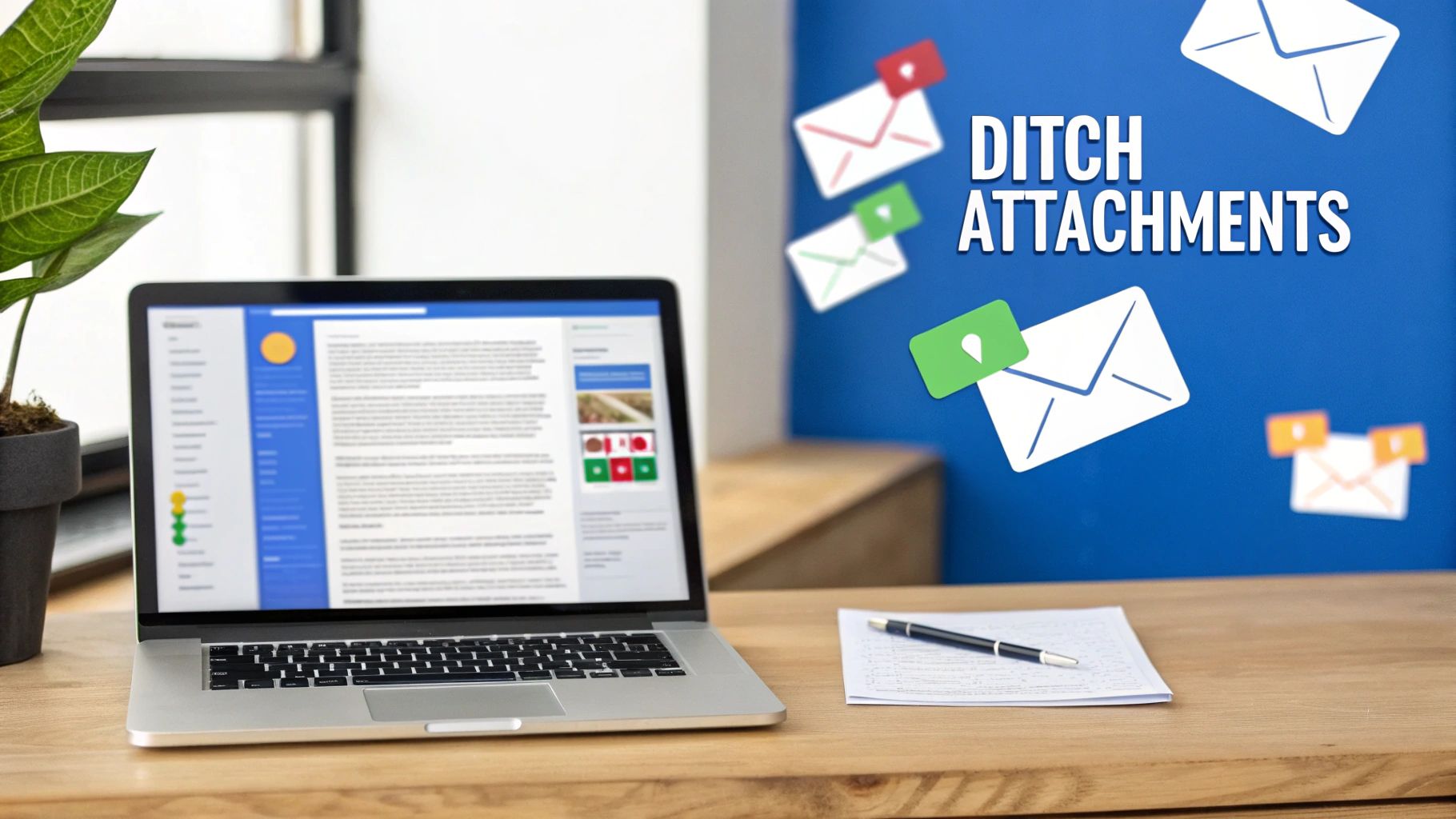 A laptop on a wooden desk displays an email interface, next to a pen and paper, with envelopes and text 'DITCH ATTACHMENTS' on a blue background.